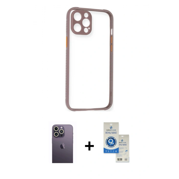 MARSİLYAN™- iPhone 12 Pro Max Kılıf Nova Asil Özel Seri - Şeffaf Royal Nano Ekran Koruyucu + Beyaz Neon Fosforlu Kamera Lens