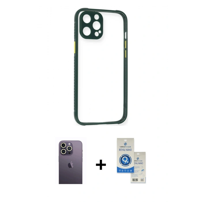 MARSİLYAN™- iPhone 12 Pro Max Kılıf Nova Asil Özel Seri - Şeffaf Royal Nano Ekran Koruyucu + Beyaz Neon Fosforlu Kamera Lens