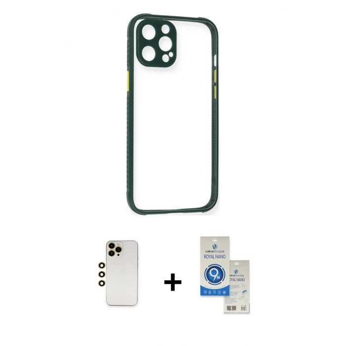 MARSİLYAN™- iPhone 12 Pro Max Kılıf Nova Asil Özel Seri - Şeffaf Royal Nano Ekran Koruyucu + Gold Shine Kamera Lens