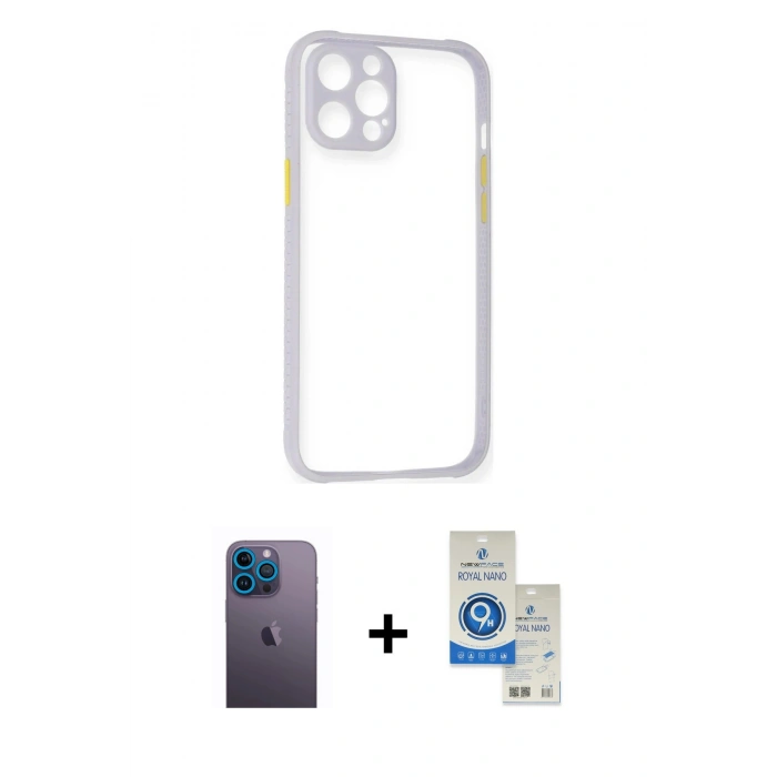 MARSİLYAN™- iPhone 12 Pro Max Kılıf Nova Asil Özel Seri - Şeffaf Royal Nano Ekran Koruyucu + Neon Fosforlu Kamera Lens - MI