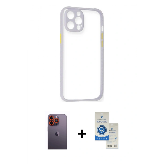 MARSİLYAN™- iPhone 12 Pro Max Kılıf Nova Asil Özel Seri - Şeffaf Royal Nano Ekran Koruyucu + Neon Fosforlu Kamera Lens - TU