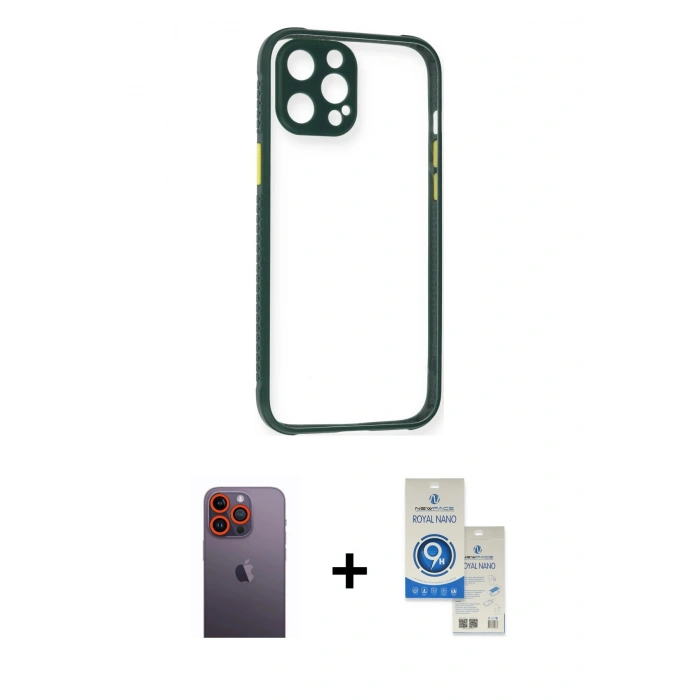 MARSİLYAN™- iPhone 12 Pro Max Kılıf Nova Asil Özel Seri - Şeffaf Royal Nano Ekran Koruyucu + Neon Fosforlu Kamera Lens - TU