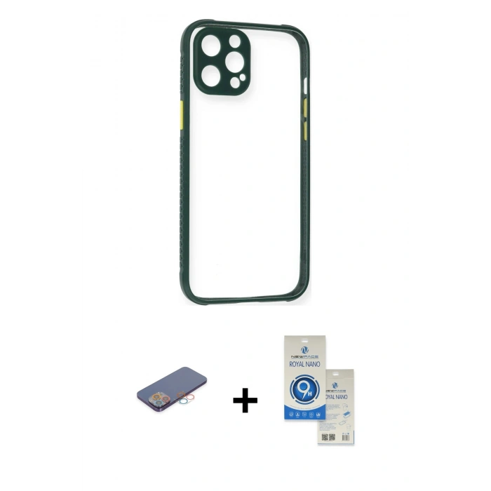 MARSİLYAN™- iPhone 12 Pro Max Kılıf Nova Asil Özel Seri - Şeffaf Royal Nano Ekran Koruyucu + Pembe Renkli Kamera Lens Koruma Cam