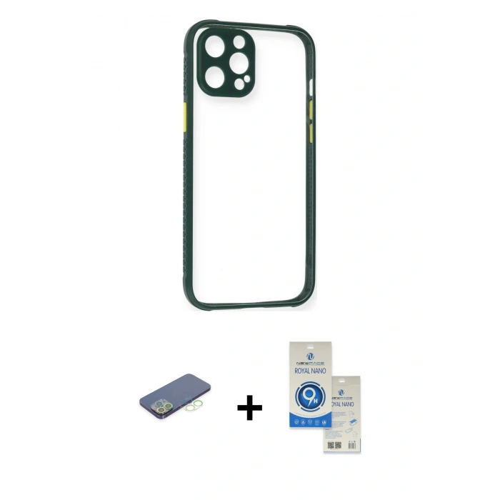 MARSİLYAN™- iPhone 12 Pro Max Kılıf Nova Asil Özel Seri - Şeffaf Royal Nano Ekran Koruyucu + Yeşil Renkli Kamera Lens Koruma Cam