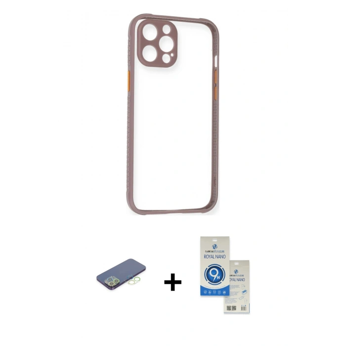 MARSİLYAN™- iPhone 12 Pro Max Kılıf Nova Asil Özel Seri - Şeffaf Royal Nano Ekran Koruyucu + Yeşil Renkli Kamera Lens Koruma Cam