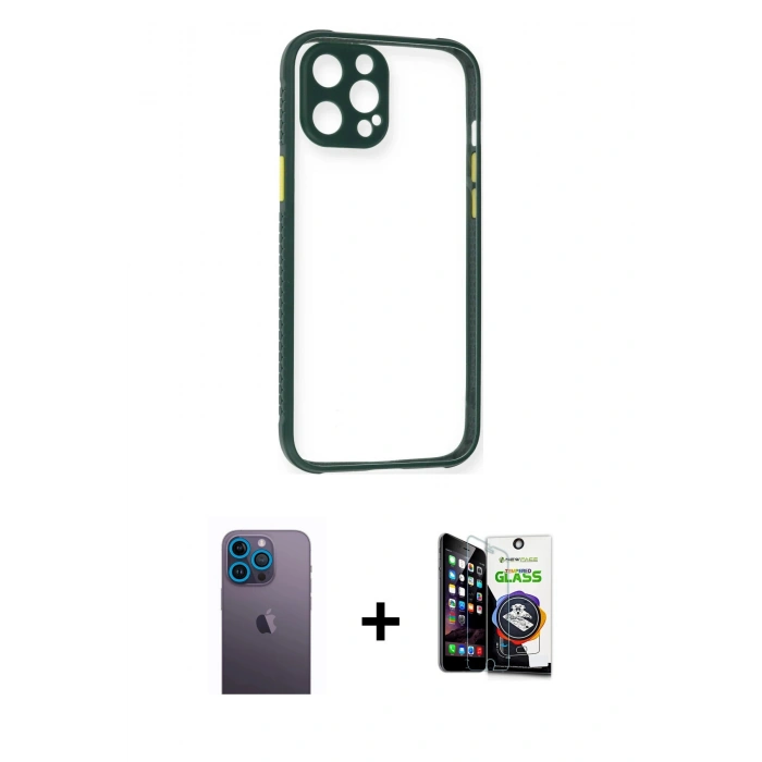 MARSİLYAN™- iPhone 12 Pro Max Kılıf Nova Asil Özel Seri - Şeffaf Temperli Cam Ekran Koruyucu + Neon Fosforlu Kamera Lens - MI