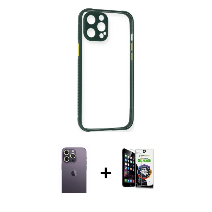 MARSİLYAN™- iPhone 12 Pro Max Kılıf Nova Asil Özel Seri - Şeffaf Temperli Cam Ekran Koruyucu + Neon Fosforlu Kamera Lens - BZ
