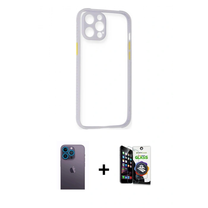MARSİLYAN™- iPhone 12 Pro Max Kılıf Nova Asil Özel Seri - Şeffaf Temperli Cam Ekran Koruyucu + Neon Fosforlu Kamera Lens - MI