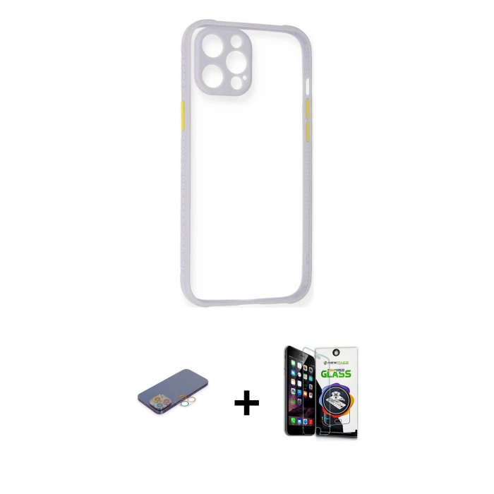 MARSİLYAN™- iPhone 12 Pro Max Kılıf Nova Asil Özel Seri - Şeffaf Temperli Cam Ekran Koruyucu + Pembe Renkli Kamera Lens Koruma Cam