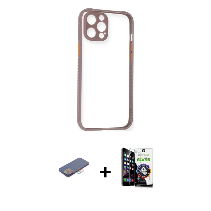MARSİLYAN™- iPhone 12 Pro Max Kılıf Nova Asil Özel Seri - Şeffaf Temperli Cam Ekran Koruyucu + Pembe Renkli Kamera Lens Koruma Cam