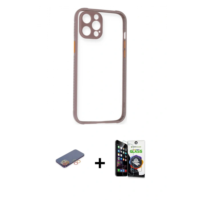 MARSİLYAN™- iPhone 12 Pro Max Kılıf Nova Asil Özel Seri - Şeffaf Temperli Cam Ekran Koruyucu + Renkli Kamera Lens Koruma Cam - TU