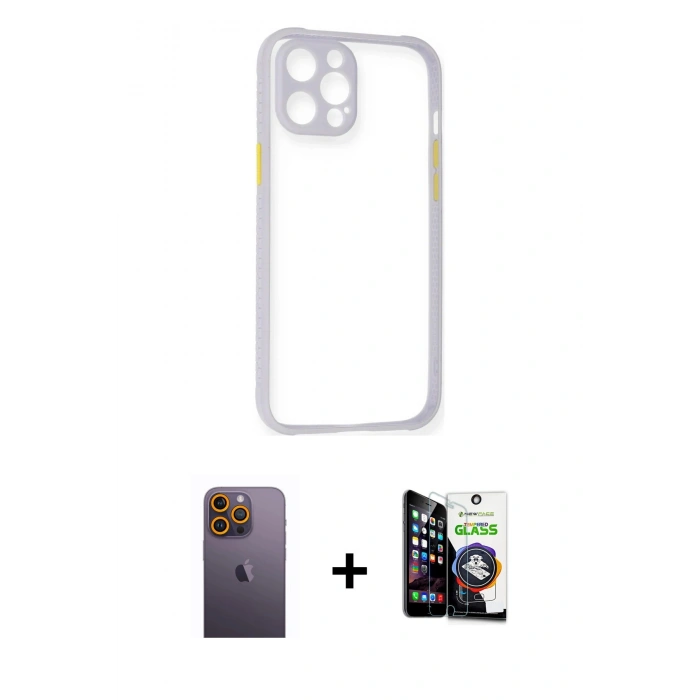 MARSİLYAN™- iPhone 12 Pro Max Kılıf Nova Asil Özel Seri - Şeffaf Temperli Cam Ekran Koruyucu + Neon Fosforlu Kamera Lens - SI