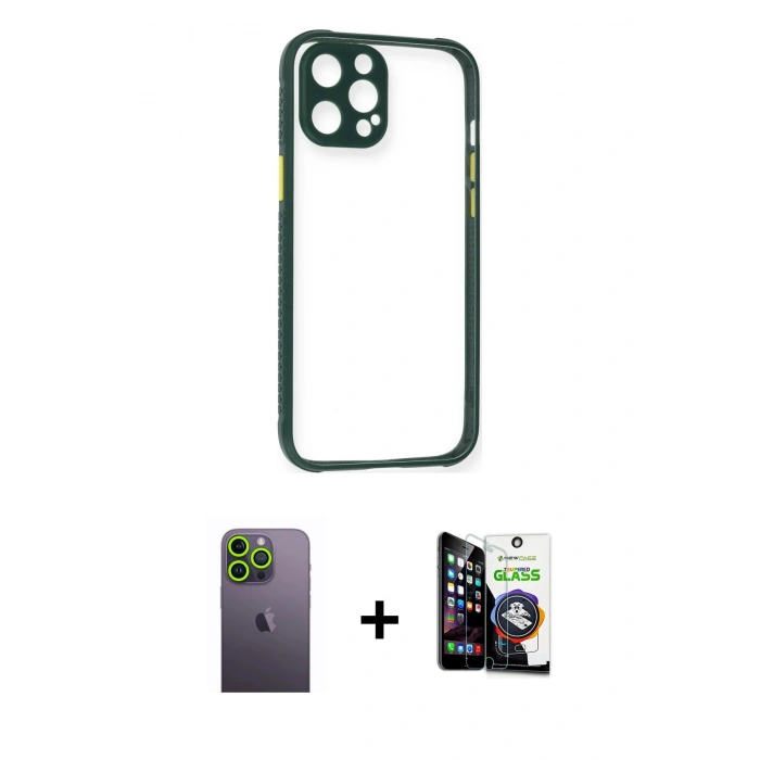 MARSİLYAN™- iPhone 12 Pro Max Kılıf Nova Asil Özel Seri - Şeffaf Temperli Cam Ekran Koruyucu + Neon Fosforlu Kamera Lens - YL