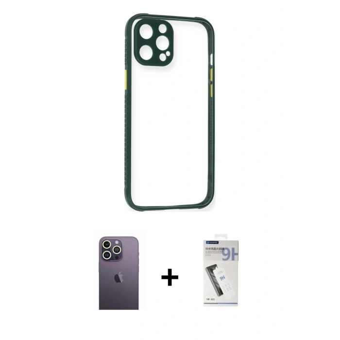 MARSİLYAN™- iPhone 12 Pro Max Kılıf Nova Asil Özel Seri - Şeffaf Uv Polymer Nano Ekran Koruyucu + Neon Fosforlu Kamera Lens - BZ
