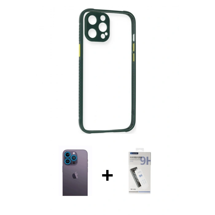 MARSİLYAN™- iPhone 12 Pro Max Kılıf Nova Asil Özel Seri - Şeffaf Uv Polymer Nano Ekran Koruyucu + Neon Fosforlu Kamera Lens - MI