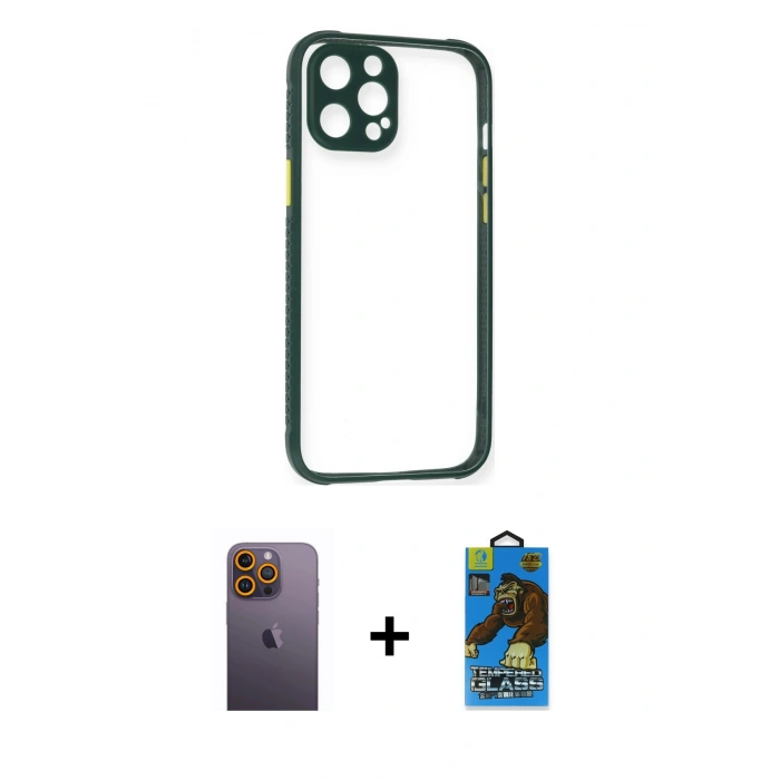 MARSİLYAN™- iPhone 12 Pro Max Kılıf Nova Asil Özel Seri - Siyah 18D Cam Ekran Koruyucu + Neon Fosforlu Kamera Lens - SI