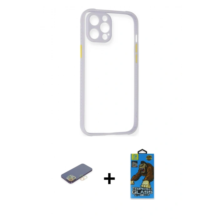 MARSİLYAN™- iPhone 12 Pro Max Kılıf Nova Asil Özel Seri - Siyah 18D Cam Ekran Koruyucu + Sarı Renkli Kamera Lens Koruma Cam