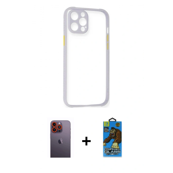 MARSİLYAN™- iPhone 12 Pro Max Kılıf Nova Asil Özel Seri - Siyah 18D Cam Ekran Koruyucu + Neon Fosforlu Kamera Lens - TU