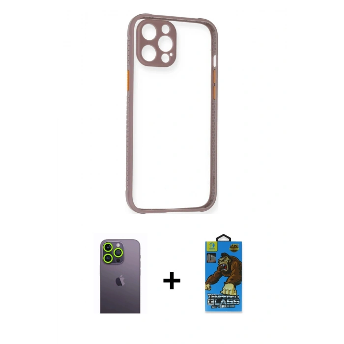 MARSİLYAN™- iPhone 12 Pro Max Kılıf Nova Asil Özel Seri - Siyah 18D Cam Ekran Koruyucu + Yeşil Neon Fosforlu Kamera Lens