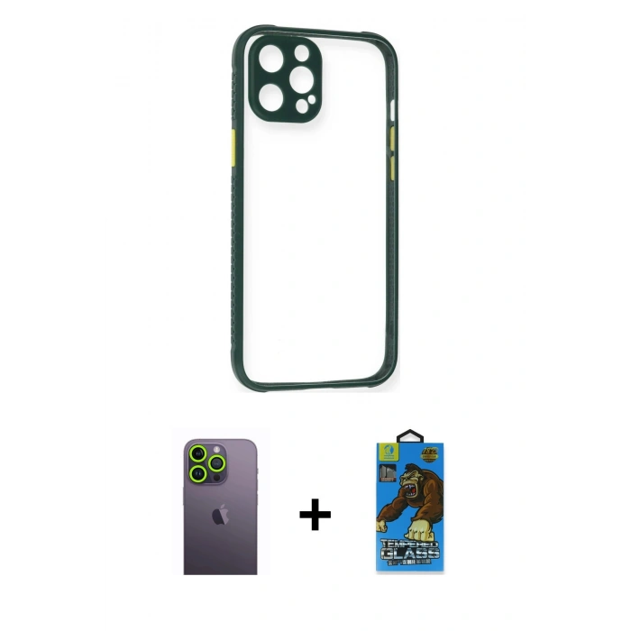 MARSİLYAN™- iPhone 12 Pro Max Kılıf Nova Asil Özel Seri - Siyah 18D Cam Ekran Koruyucu + Yeşil Neon Fosforlu Kamera Lens