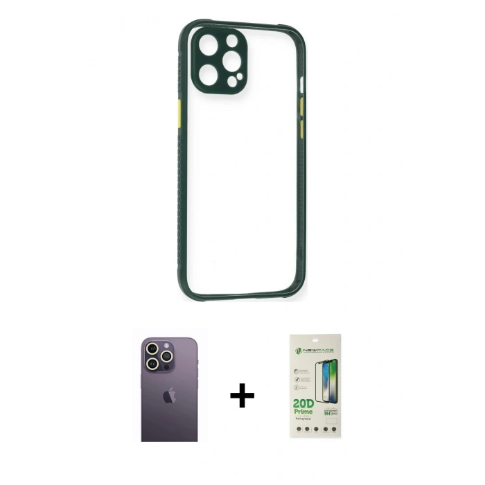 MARSİLYAN™- iPhone 12 Pro Max Kılıf Nova Asil Özel Seri - Siyah 20D Premium Cam Ekran Koruyucu + Neon Fosforlu Kamera Lens - BZ