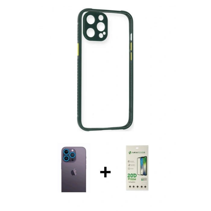 MARSİLYAN™- iPhone 12 Pro Max Kılıf Nova Asil Özel Seri - Siyah 20D Premium Cam Ekran Koruyucu + Neon Fosforlu Kamera Lens - MI