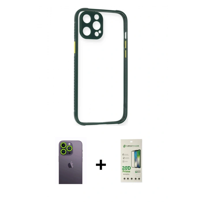 MARSİLYAN™- iPhone 12 Pro Max Kılıf Nova Asil Özel Seri - Siyah 20D Premium Cam Ekran Koruyucu + Neon Fosforlu Kamera Lens - YL