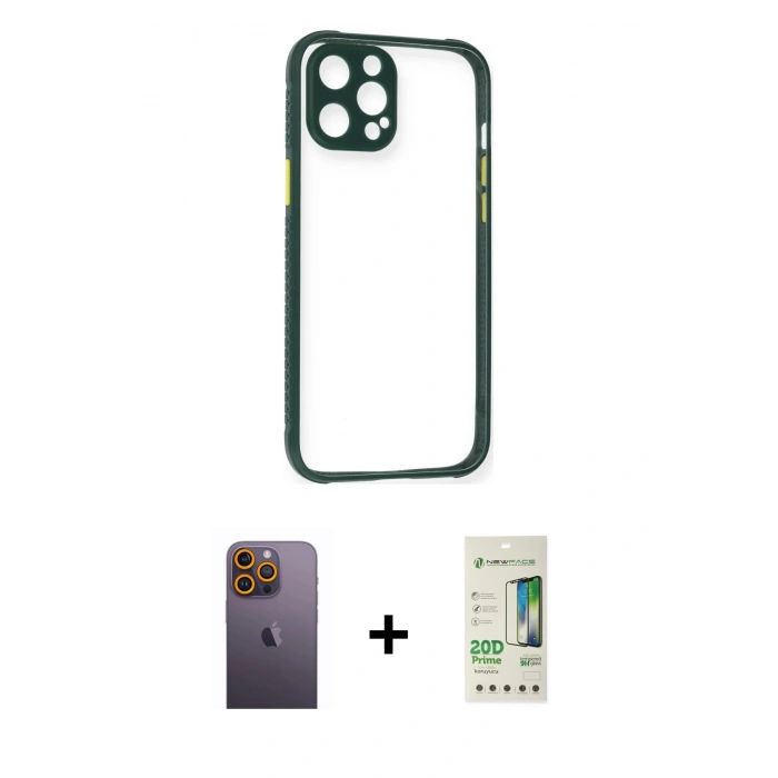 MARSİLYAN™- iPhone 12 Pro Max Kılıf Nova Asil Özel Seri - Siyah 20D Premium Cam Ekran Koruyucu + Neon Fosforlu Kamera Lens - SI