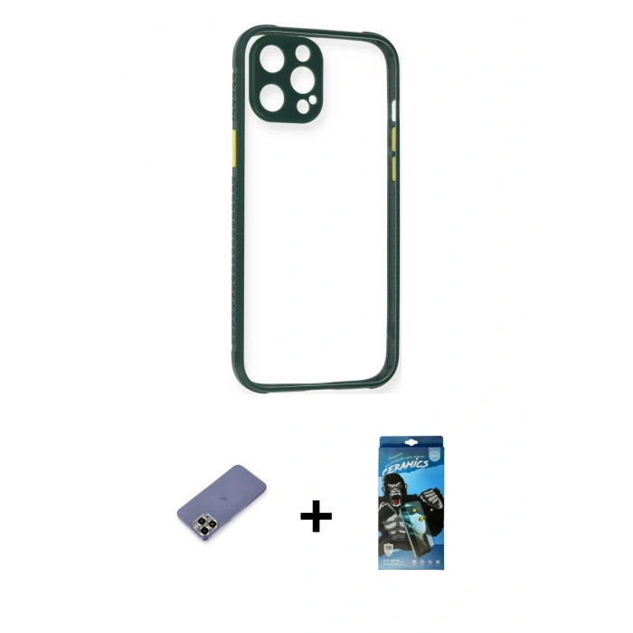 MARSİLYAN™- iPhone 12 Pro Max Kılıf Nova Asil Özel Seri - Siyah 34D Izgaralı Cam + Metal Kamera Lens Koruma Cam - GD