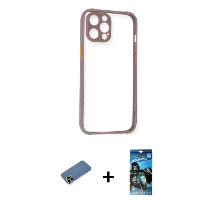 MARSİLYAN™- iPhone 12 Pro Max Kılıf Nova Asil Özel Seri - Siyah 34D Izgaralı Cam + Gold Shine Kamera Lens Koruma Cam