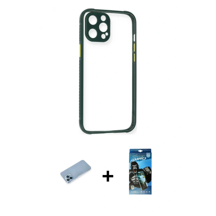 MARSİLYAN™- iPhone 12 Pro Max Kılıf Nova Asil Özel Seri - Siyah 34D Izgaralı Cam + Shine Kamera Lens Koruma Cam - MI