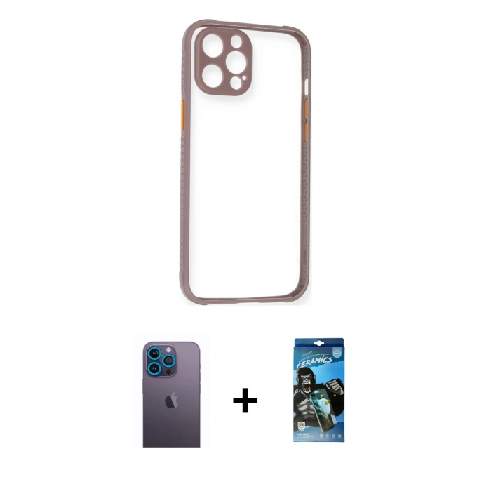 MARSİLYAN™- iPhone 12 Pro Max Kılıf Nova Asil Özel Seri - Siyah 34D Izgaralı Cam + Neon Fosforlu Kamera Lens - MI