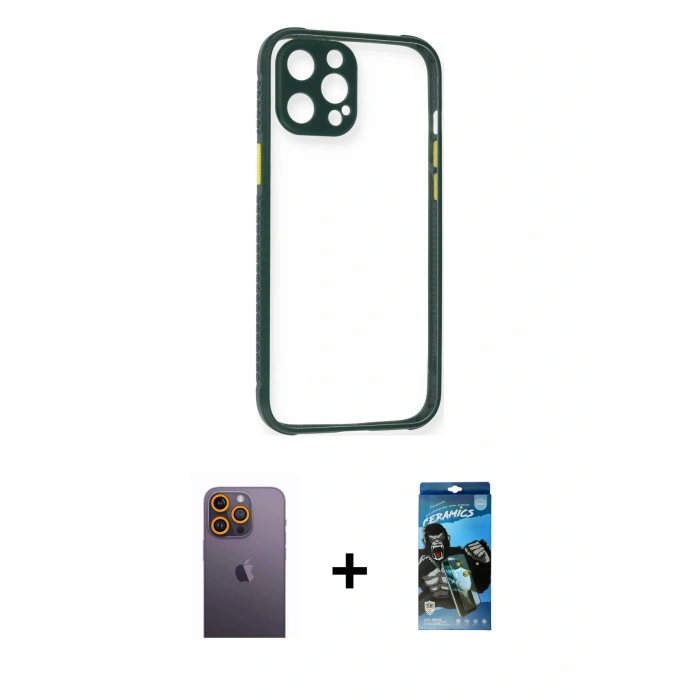 MARSİLYAN™- iPhone 12 Pro Max Kılıf Nova Asil Özel Seri - Siyah 34D Izgaralı Cam + Neon Fosforlu Kamera Lens - SI