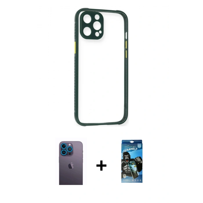 MARSİLYAN™- iPhone 12 Pro Max Kılıf Nova Asil Özel Seri - Siyah 34D Izgaralı Cam + Neon Fosforlu Kamera Lens - MI