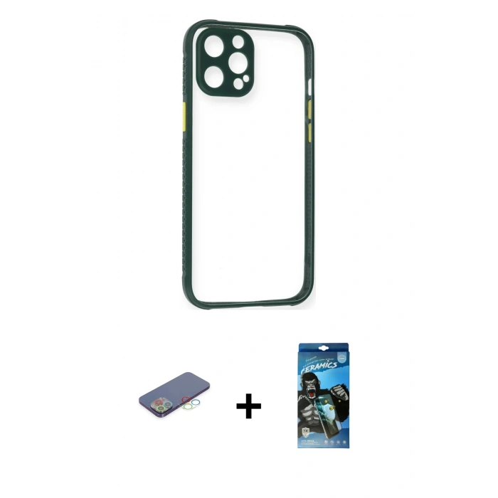 MARSİLYAN™- iPhone 12 Pro Max Kılıf Nova Asil Özel Seri - Siyah 34D Izgaralı Cam + Renkli Kamera Lens Koruma Cam - MI
