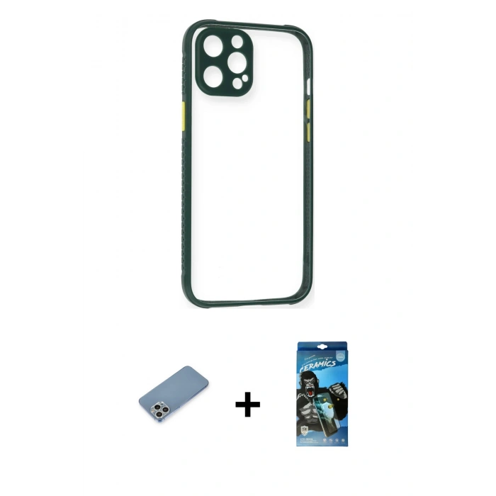 MARSİLYAN™- iPhone 12 Pro Max Kılıf Nova Asil Özel Seri - Siyah 34D Izgaralı Cam + Shine Kamera Lens Koruma Cam - GS