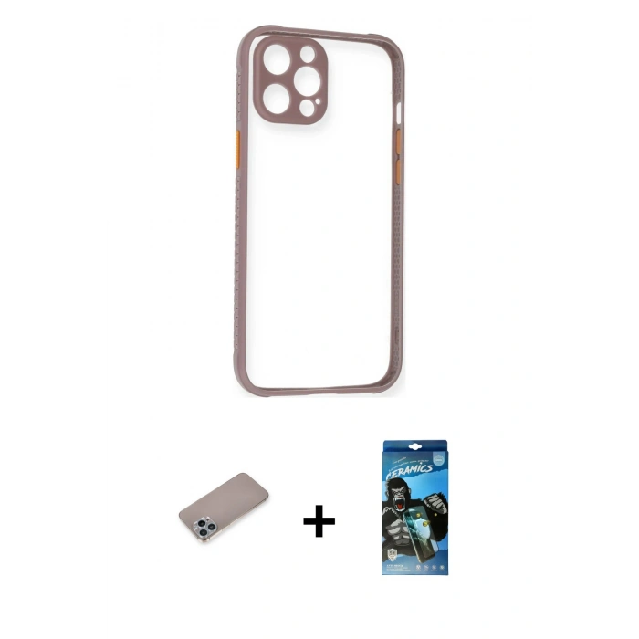 MARSİLYAN™- iPhone 12 Pro Max Kılıf Nova Asil Özel Seri - Siyah 34D Izgaralı Cam + Sierra Blue Shine Kamera Lens Koruma Cam