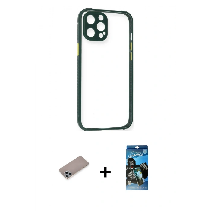 MARSİLYAN™- iPhone 12 Pro Max Kılıf Nova Asil Özel Seri - Siyah 34D Izgaralı Cam + Sierra Blue Shine Kamera Lens Koruma Cam