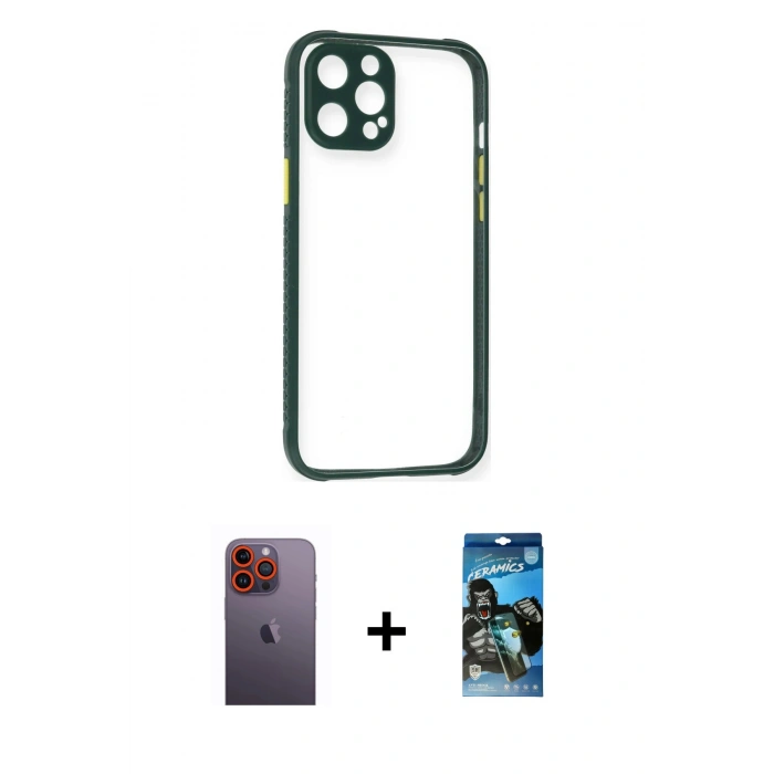 MARSİLYAN™- iPhone 12 Pro Max Kılıf Nova Asil Özel Seri - Siyah 34D Izgaralı Cam + Neon Fosforlu Kamera Lens - TU