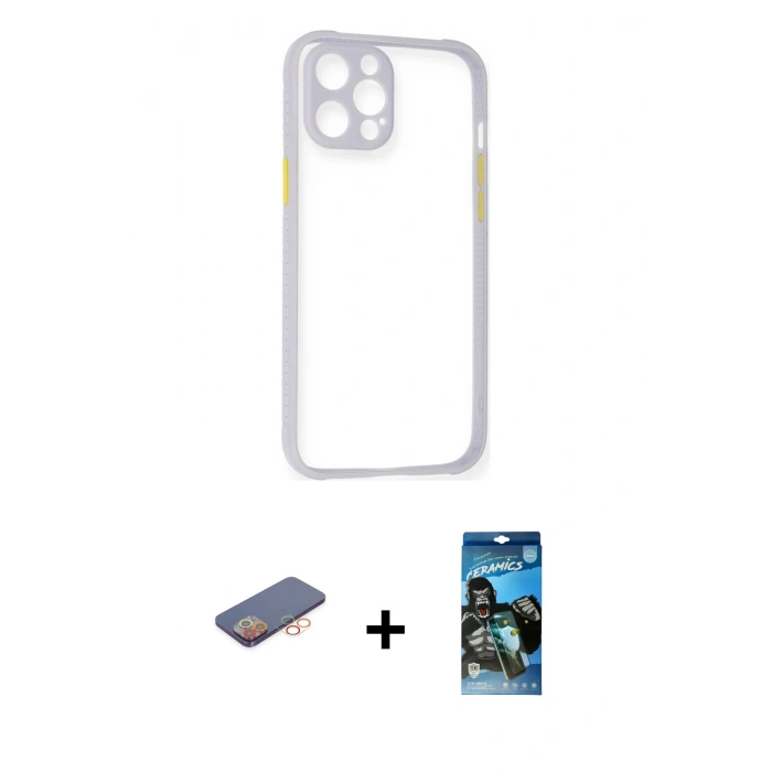 MARSİLYAN™- iPhone 12 Pro Max Kılıf Nova Asil Özel Seri - Siyah 34D Izgaralı Cam + Turuncu Renkli Kamera Lens Koruma Cam