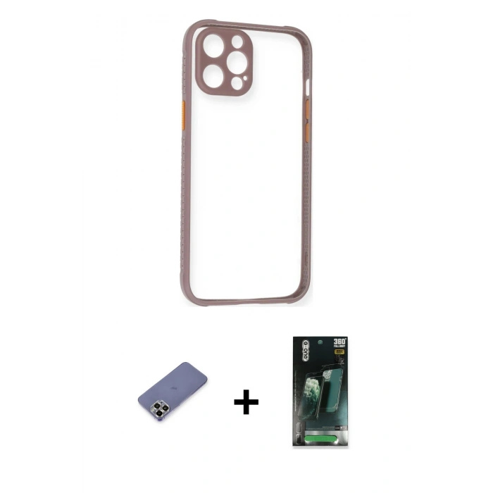 MARSİLYAN™- iPhone 12 Pro Max Kılıf Nova Asil Özel Seri - Siyah 360 Mat Full Body Arka Koruyucu + Gold Metal Kamera Lens Koruma Cam