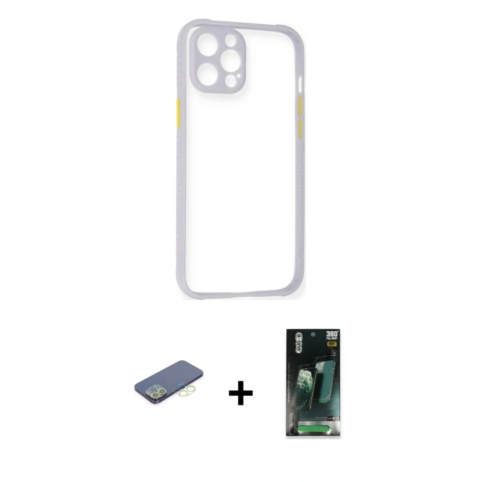 MARSİLYAN™- iPhone 12 Pro Max Kılıf Nova Asil Özel Seri - Siyah 360 Mat Full Body Arka Koruyucu + Renkli Kamera Lens Koruma Cam - YL