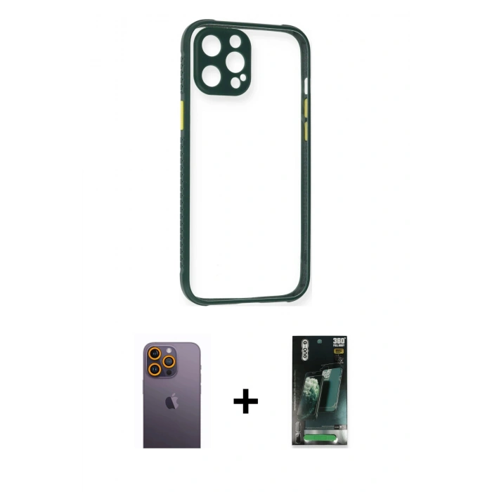 MARSİLYAN™- iPhone 12 Pro Max Kılıf Nova Asil Özel Seri - Siyah 360 Mat Full Body Arka Koruyucu + Sarı Neon Fosforlu Kamera Lens
