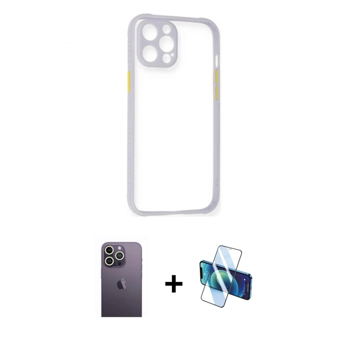 MARSİLYAN™- iPhone 12 Pro Max Kılıf Nova Asil Özel Seri - Siyah 3D Antistatik Cam Ekran Koruyucu + Neon Fosforlu Kamera Lens - BZ