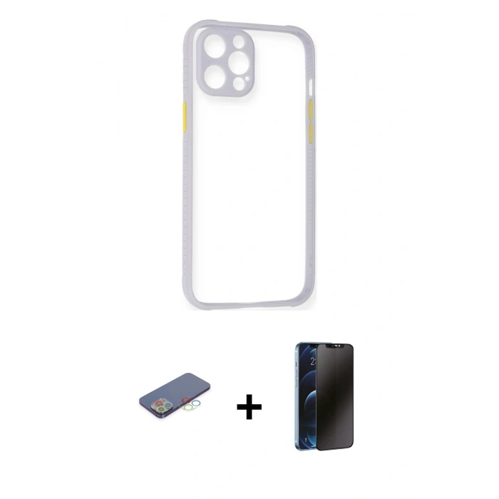 MARSİLYAN™- iPhone 12 Pro Max Kılıf Nova Asil Özel Seri - Siyah 3D Antistatik Hayalet Cam Ekran Koruyucu + Mavi Renkli Kamera Lens Koruma Cam