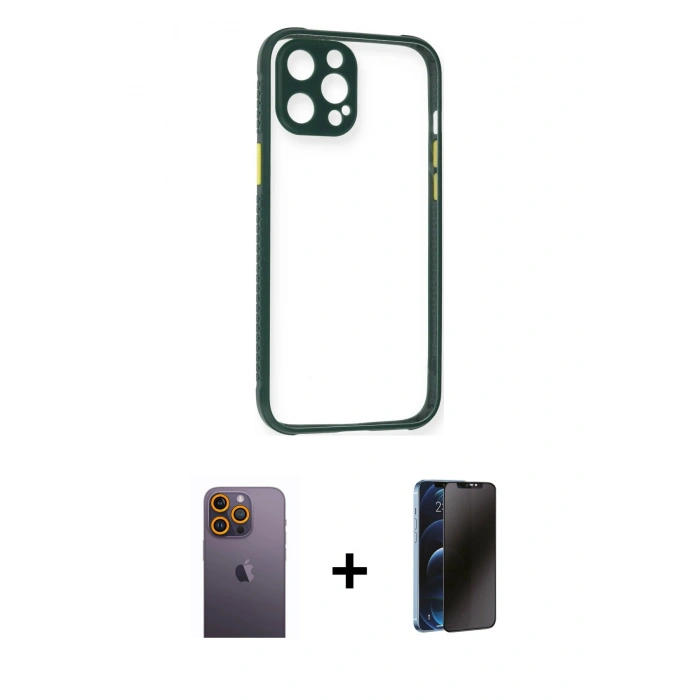 MARSİLYAN™- iPhone 12 Pro Max Kılıf Nova Asil Özel Seri - Siyah 3D Antistatik Hayalet Cam Ekran Koruyucu + Neon Fosforlu Kamera Lens - SI