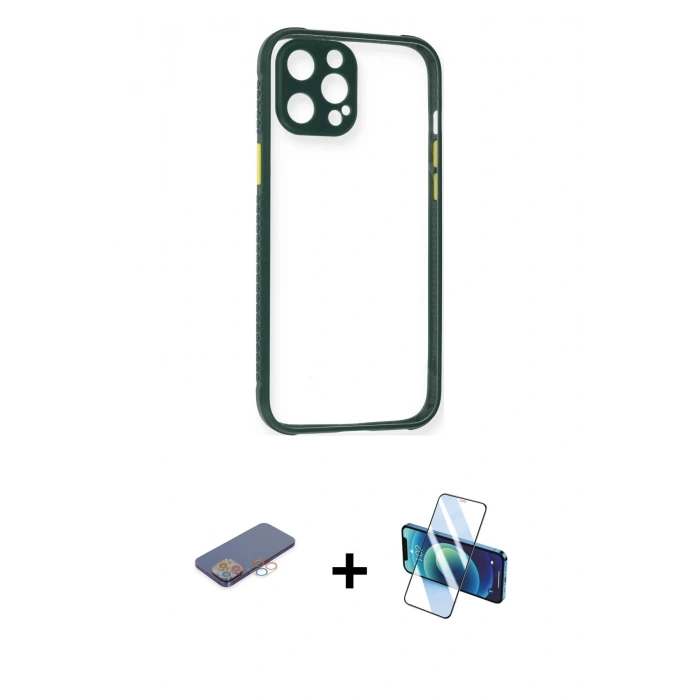 MARSİLYAN™- iPhone 12 Pro Max Kılıf Nova Asil Özel Seri - Siyah 3D Antistatik Seramik Nano Ekran Koruyucu + Renkli Kamera Lens Koruma Cam - PE