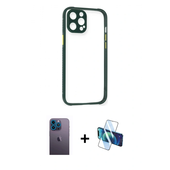 MARSİLYAN™- iPhone 12 Pro Max Kılıf Nova Asil Özel Seri - Siyah 3D Antistatik Seramik Nano Ekran Koruyucu + Mavi Neon Fosforlu Kamera Lens