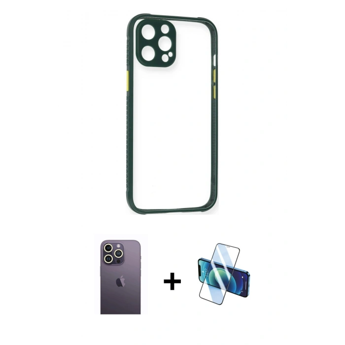 MARSİLYAN™- iPhone 12 Pro Max Kılıf Nova Asil Özel Seri - Siyah 3D Antistatik Seramik Nano Ekran Koruyucu + Neon Fosforlu Kamera Lens - BZ
