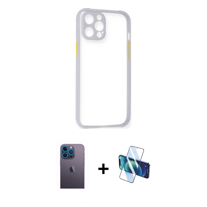 MARSİLYAN™- iPhone 12 Pro Max Kılıf Nova Asil Özel Seri - Siyah 3D Antistatik Seramik Nano Ekran Koruyucu + Mavi Neon Fosforlu Kamera Lens
